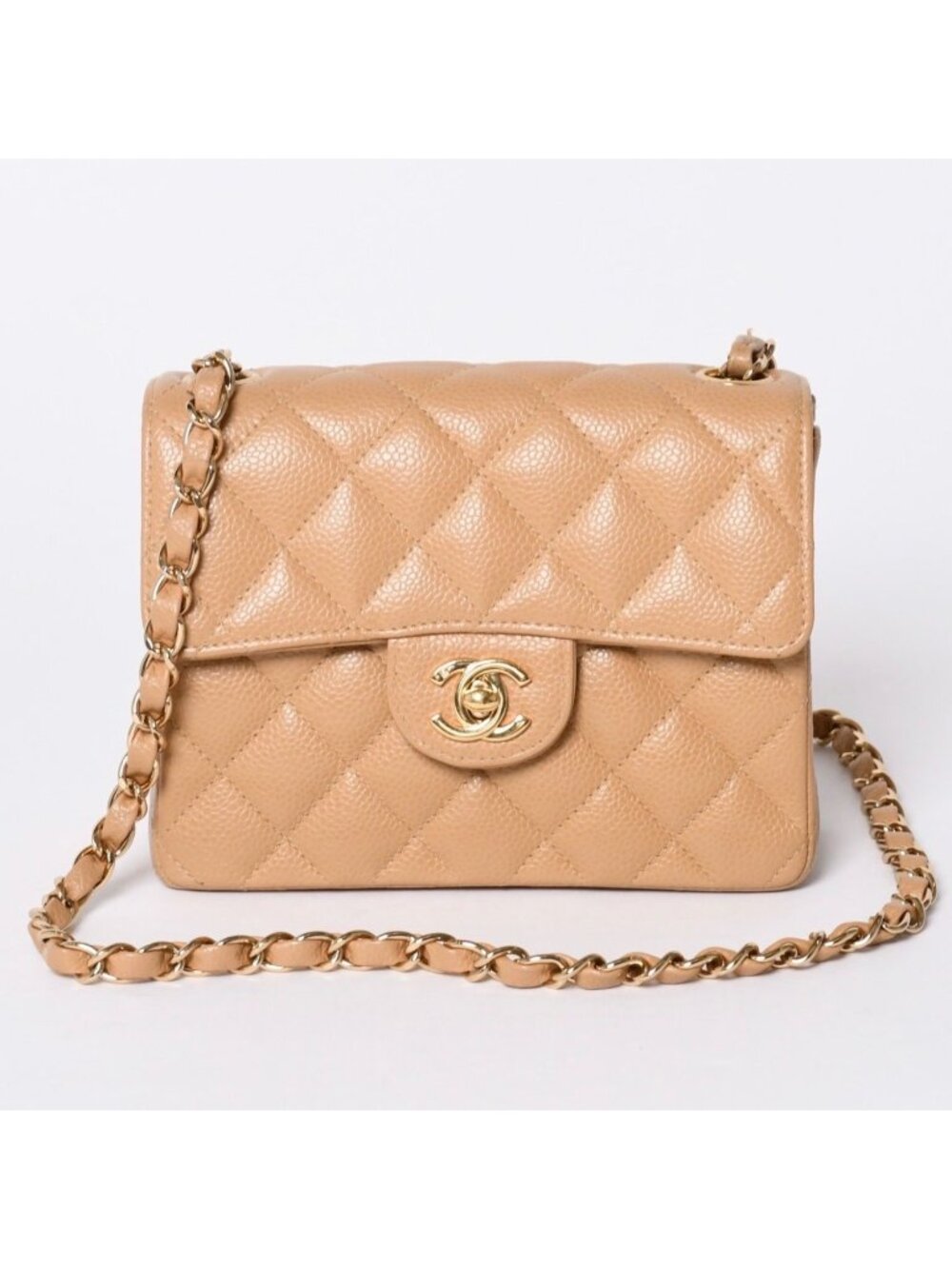 Chanel Mini Quilted Chain Shoulder Bag Caviar Leather Gold Beige